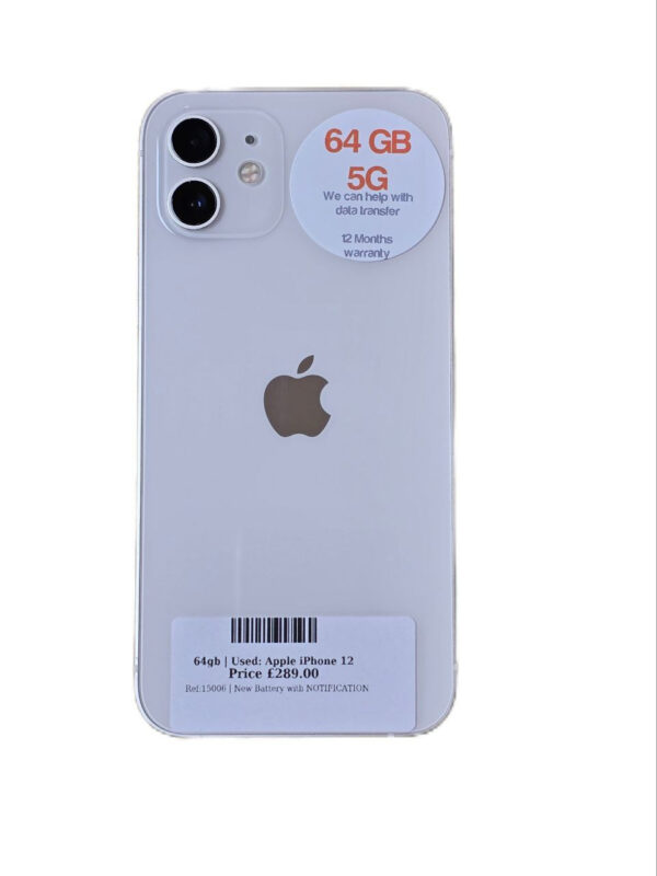 Apple iPhone 12. White 64gb Unlocked | Used device |